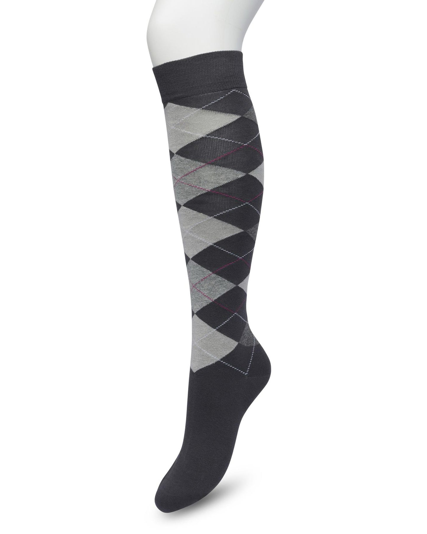 Bonnie Doon BP211505 Argyle Knee-highs - Golf style knee-high socks with a diamond argyle tartan check pattern in light grey, dark grey and pink.