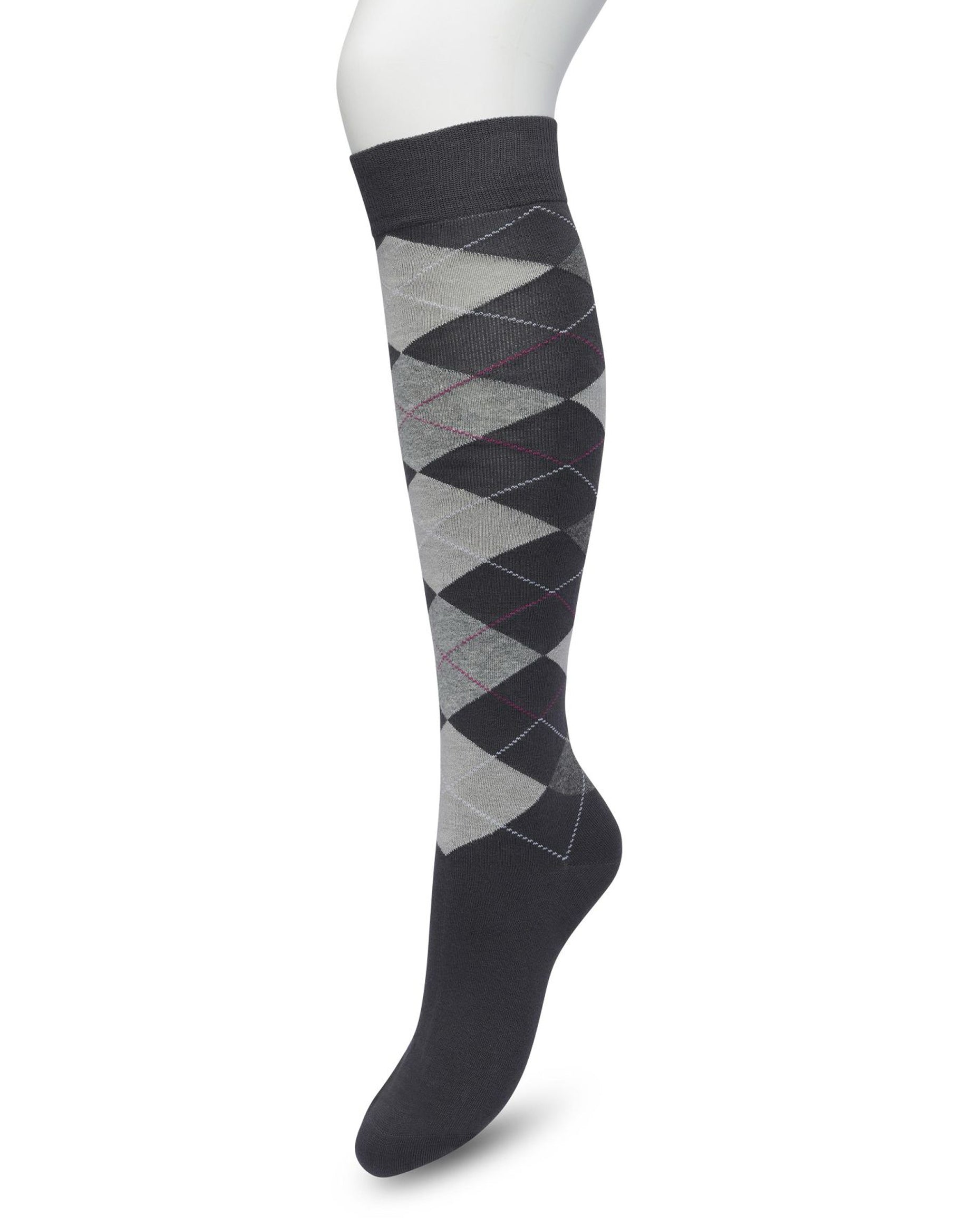 Bonnie Doon BP211505 Argyle Knee-highs - Golf style knee-high socks with a diamond argyle tartan check pattern in light grey, dark grey and pink.