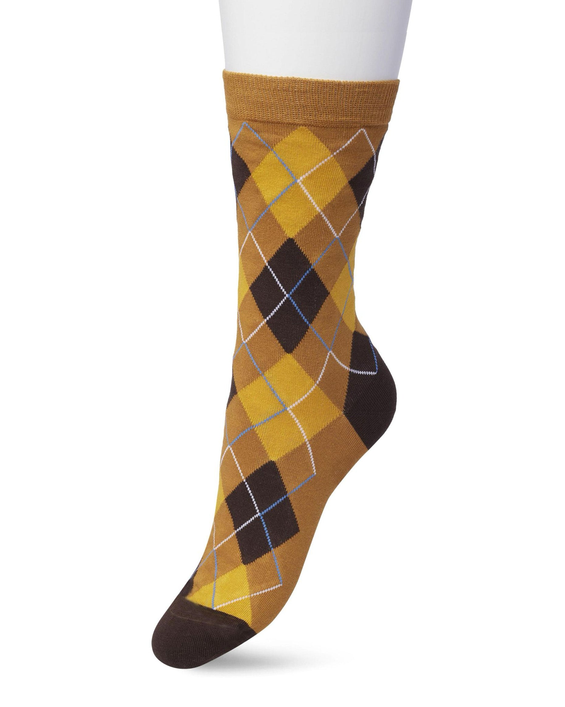 Bonnie Doon BP211122 Argyle Sock (sudan brown) - mustard, yellow, brown, blue and white cotton ankle socks with a golf style diamond argyle tartan check pattern.