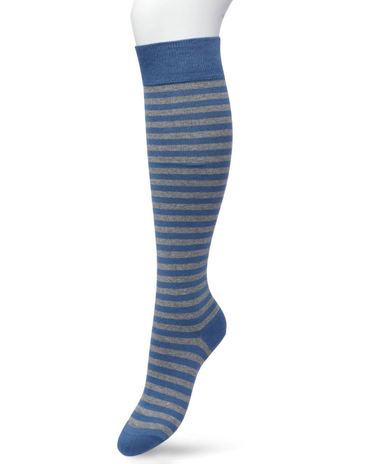 Bonnie Doon BP211511 Basic Stripe Knee-High - Cotton knee-high socks with a grey and blue horizontal stripe with contrast colour, shaped heel, flat toe seam and deep elasticated cuff.