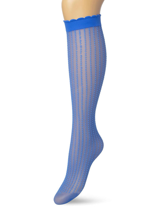 Bonnie Doon Batik Dots - Blue sheer fashion knee-high socks with a dotted vertical stripe pattern, deep comfort cuff with scalloped edge.