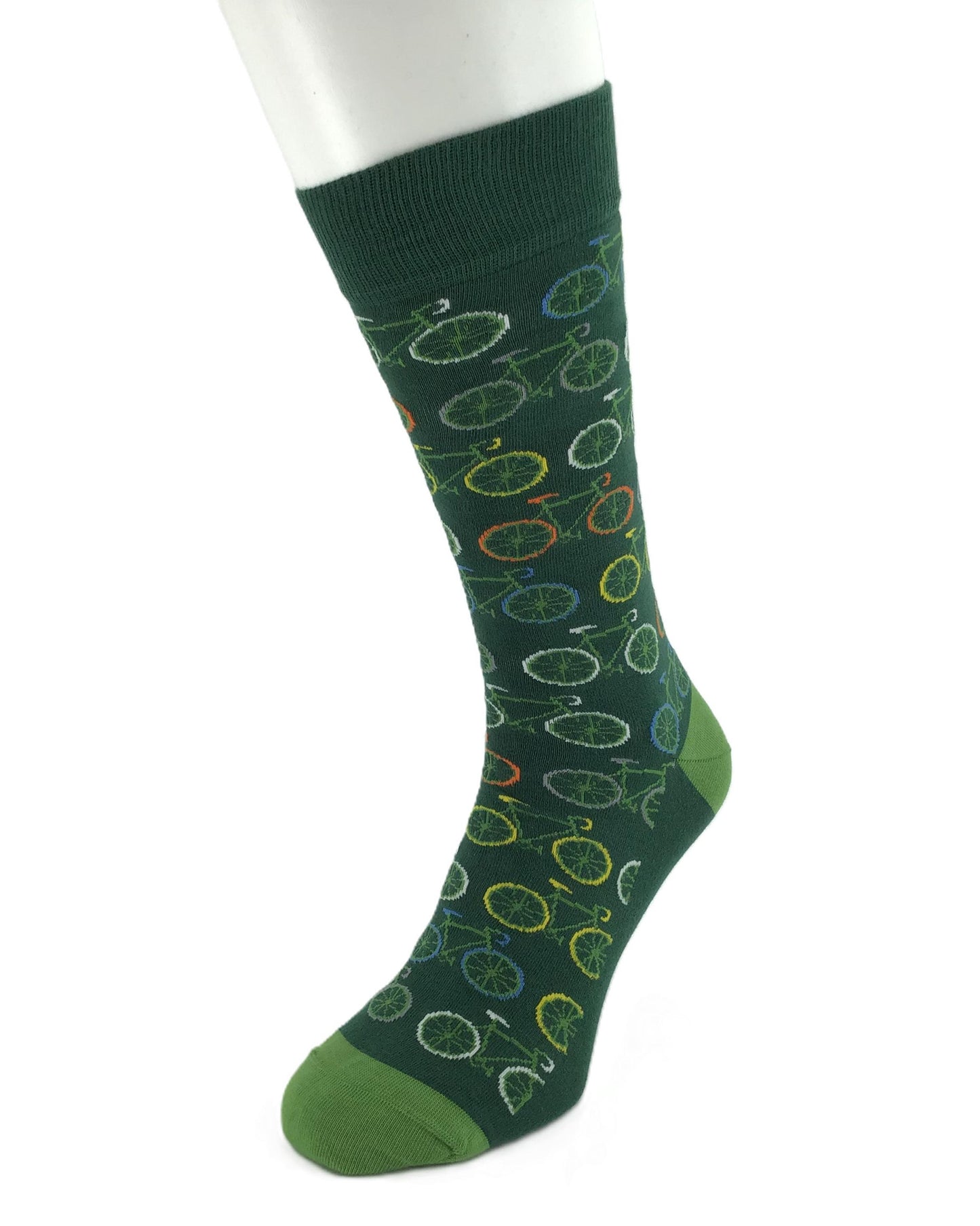 Green sock with bicycle pattern on a white background