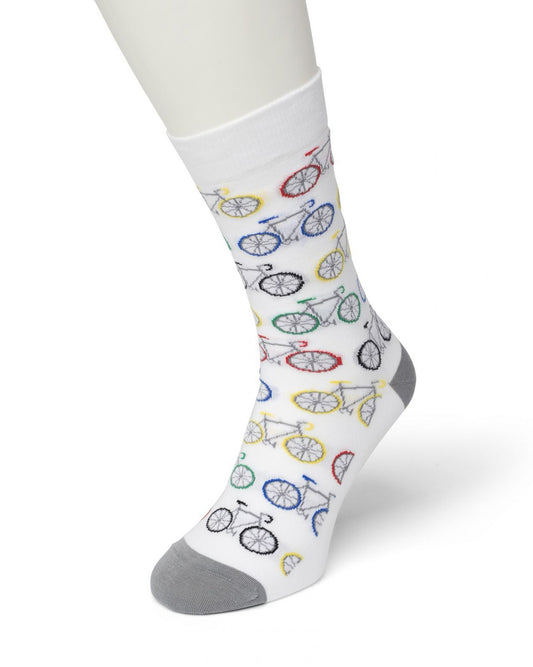 Bonnie Doon BT9921.03 Biker Sock - Off-white cotton mix ankle socks with light grey road bike pattern with red, blue, black and yellow wheels, seat and handle bars, light grey toe and heel. Available in men and women sizes.