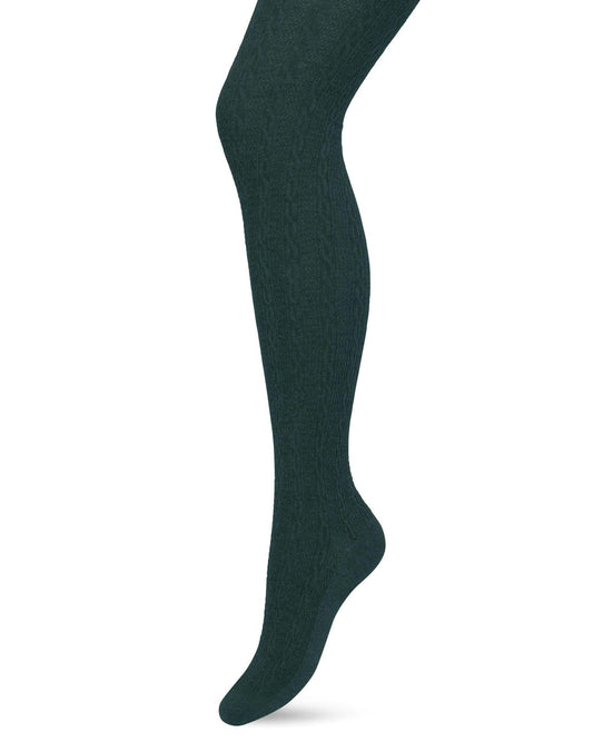 Bonnie Doon Classic Cable Tights - Dark bottle green (trekking green) organic cotton knitted tights with a cable knit style ribbed pattern, flat seams, gusset, high waist, shaped heel and flat toe seam.
