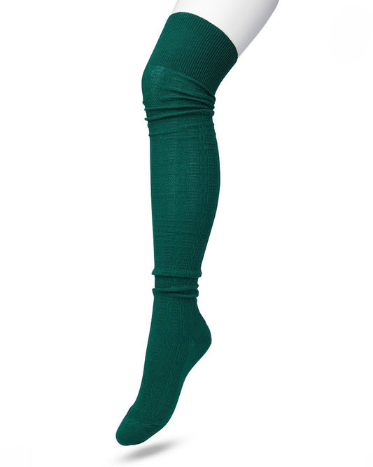 Bonnie Doon Cable Over-Knee Sock - Dark bottle green (trekking green) cotton knitted over the knee socks with a cable knit style ribbed pattern 