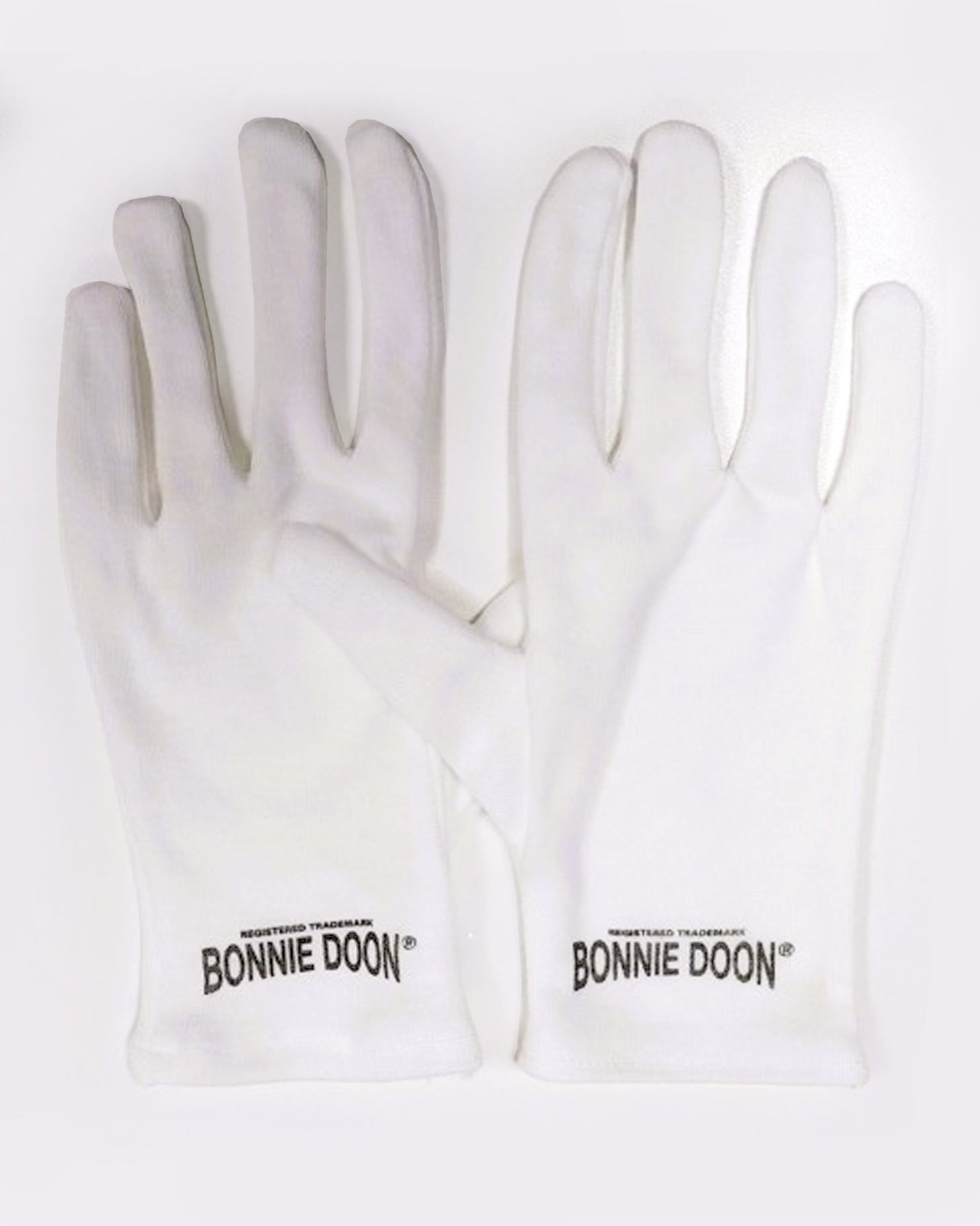 White gloves with 'Bonnie Doon' branding on a white background