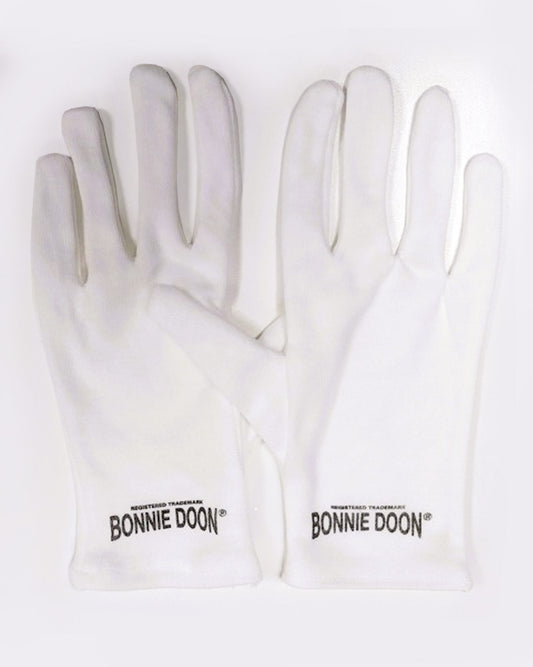 White gloves with 'Bonnie Doon' branding on a white background