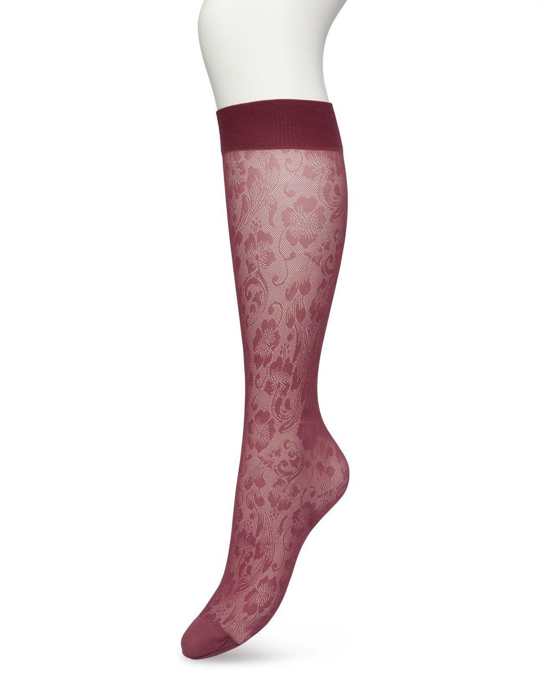 Bonnie Doon BP221803 Fancy Flowers Knee-Highs - Semi-sheer floral lace style patterned knee-high socks in wine (crushed violet)