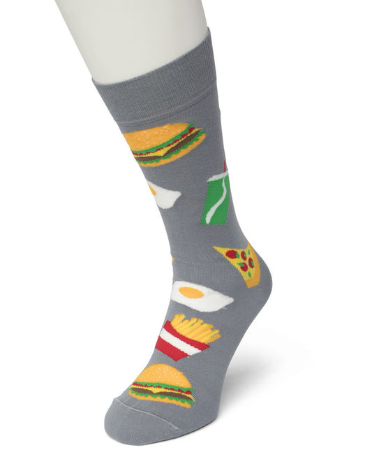 Bonnie Doon Fast Food Sock - Men's grey cotton ankle socks with a fast food takeaway themed pattern of fries, pizza, burgers and fried eggs.