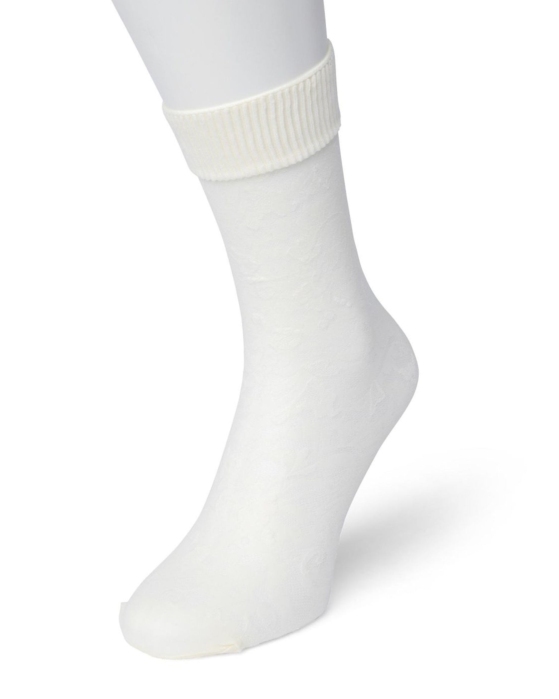 Bonnie Doon Floral Lace Socks - Off white semi-opaque floral lace style pattern fashion ankle socks with a soft ribbed deep elasticated comfort cuff and reinforced toe.