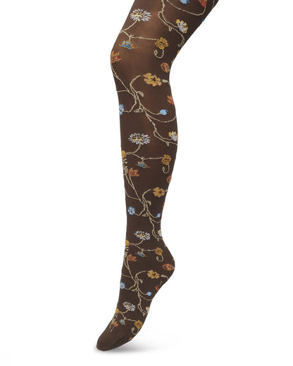 Bonnie Doon Floral Tights - Soft brown opaque fashion tights with a multicoloured woven floral pattern