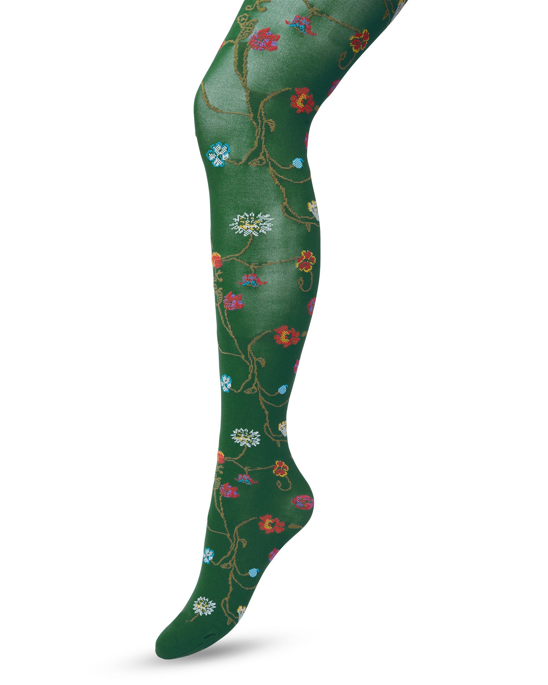 Bonnie Doon Floral Tights - Soft dark green (trekking) opaque fashion tights with a multicoloured woven floral pattern