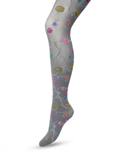 Bonnie Doon Floral Tights - Light grey opaque fashion tights with a multicoloured woven floral pattern
