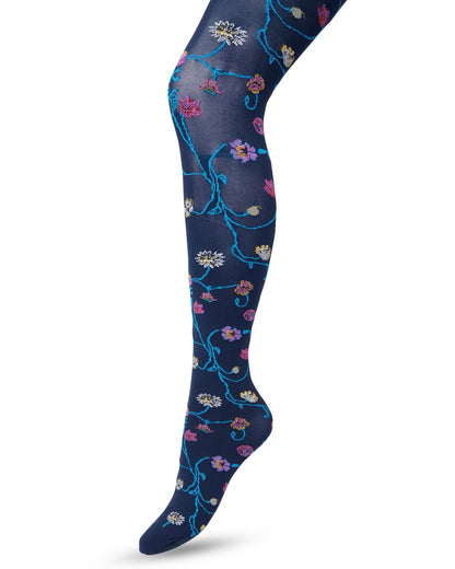 Bonnie Doon Floral Tights - Soft navy blue opaque fashion tights with a multicoloured woven floral pattern