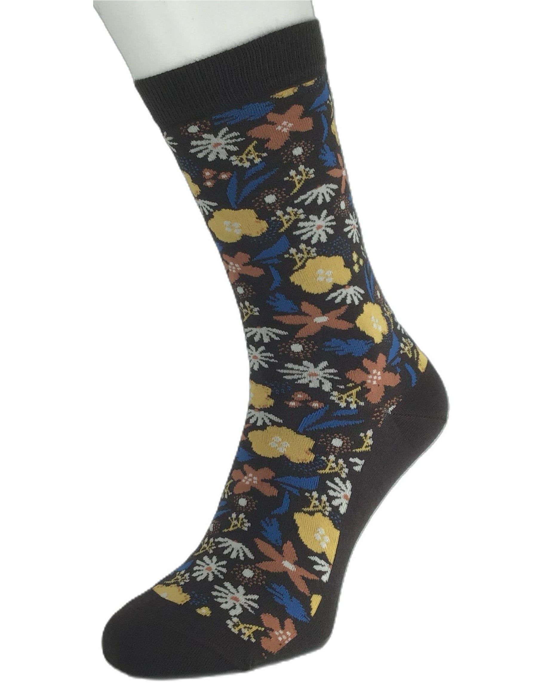 Brown cotton socks with colourful floral patterned on a white background