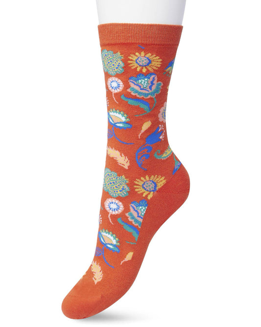 Bonnie Doon BP211121 Flower Fantasy Sock - orange cotton ankle socks with a woven multicoloured floral pattern.