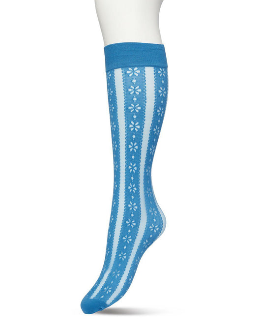 Bonnie Doon Flower Stripe Knee-Highs - Ocean blue fashion knee-high socks with a vertical stripe pattern with a flower and dot design with scalloped edge, reinforced toe and deep elasticated comfort cuff