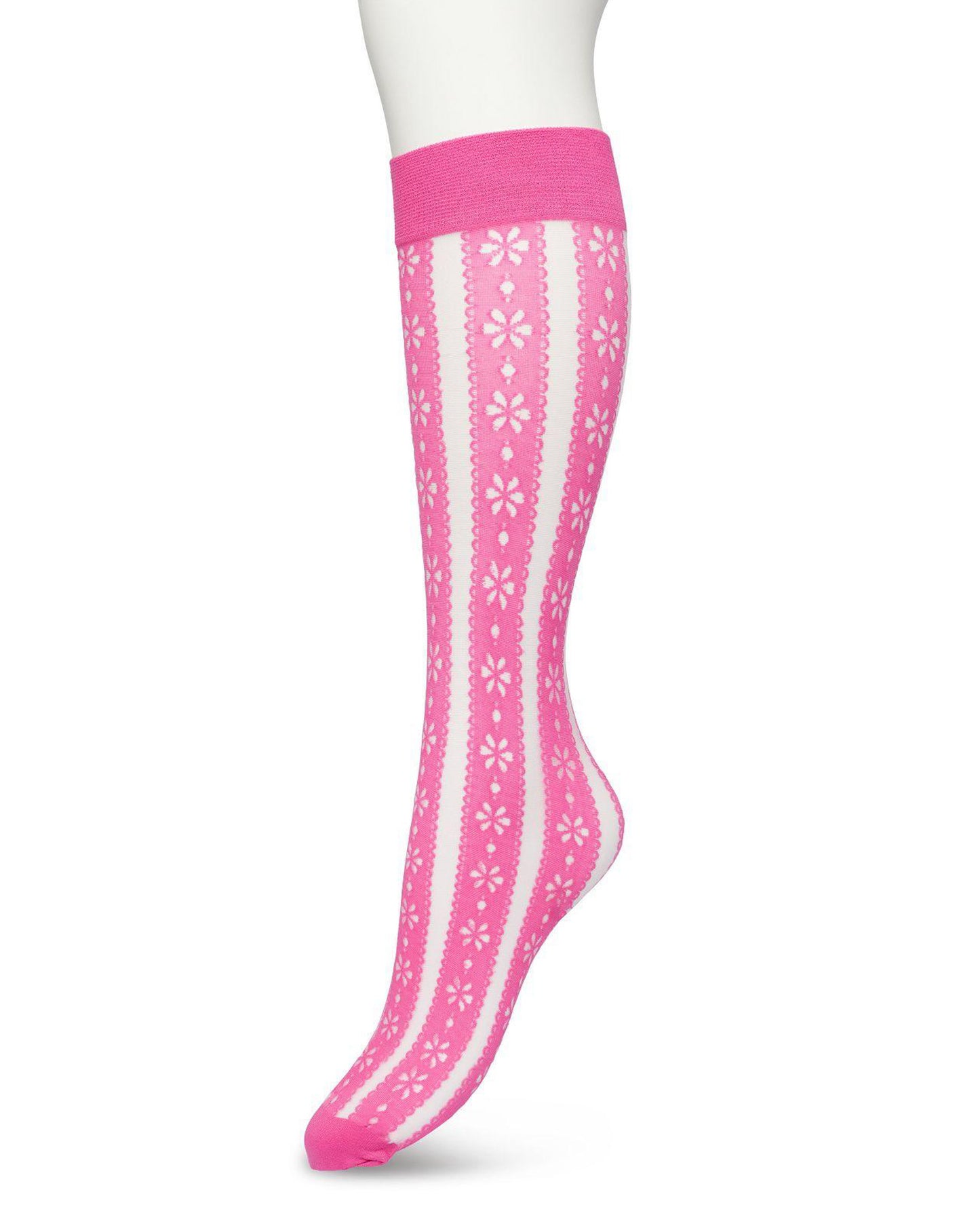 Bonnie Doon Flower Stripe Knee-Highs - Bright pink fashion knee-high socks with a vertical stripe pattern with a flower and dot design with scalloped edge, reinforced toe and deep elasticated comfort cuff