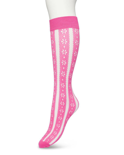 Bonnie Doon Flower Stripe Knee-Highs - Bright pink fashion knee-high socks with a vertical stripe pattern with a flower and dot design with scalloped edge, reinforced toe and deep elasticated comfort cuff