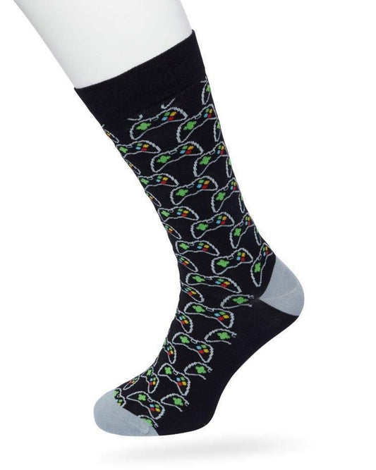Bonnie Doon Game Sock - Black men's cotton crew length sock with game console controller pattern, perfect for the gamer in your life.