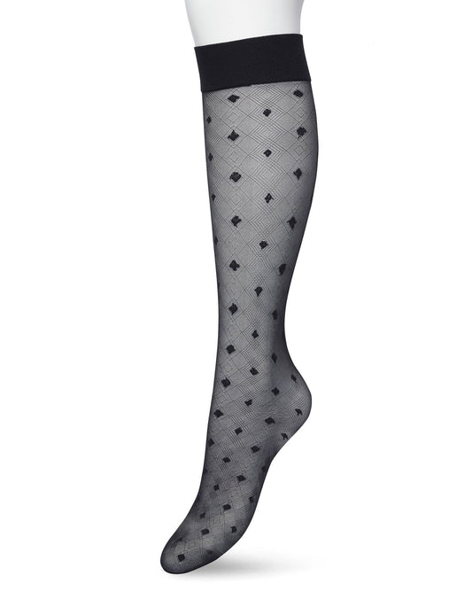 Bonnie Doon Geometric Knee-Highs - Sheer black fashion knee-high socks with a geometric linear diamond pattern with opaque dotted diamonds and deep elasticated comfort cuff