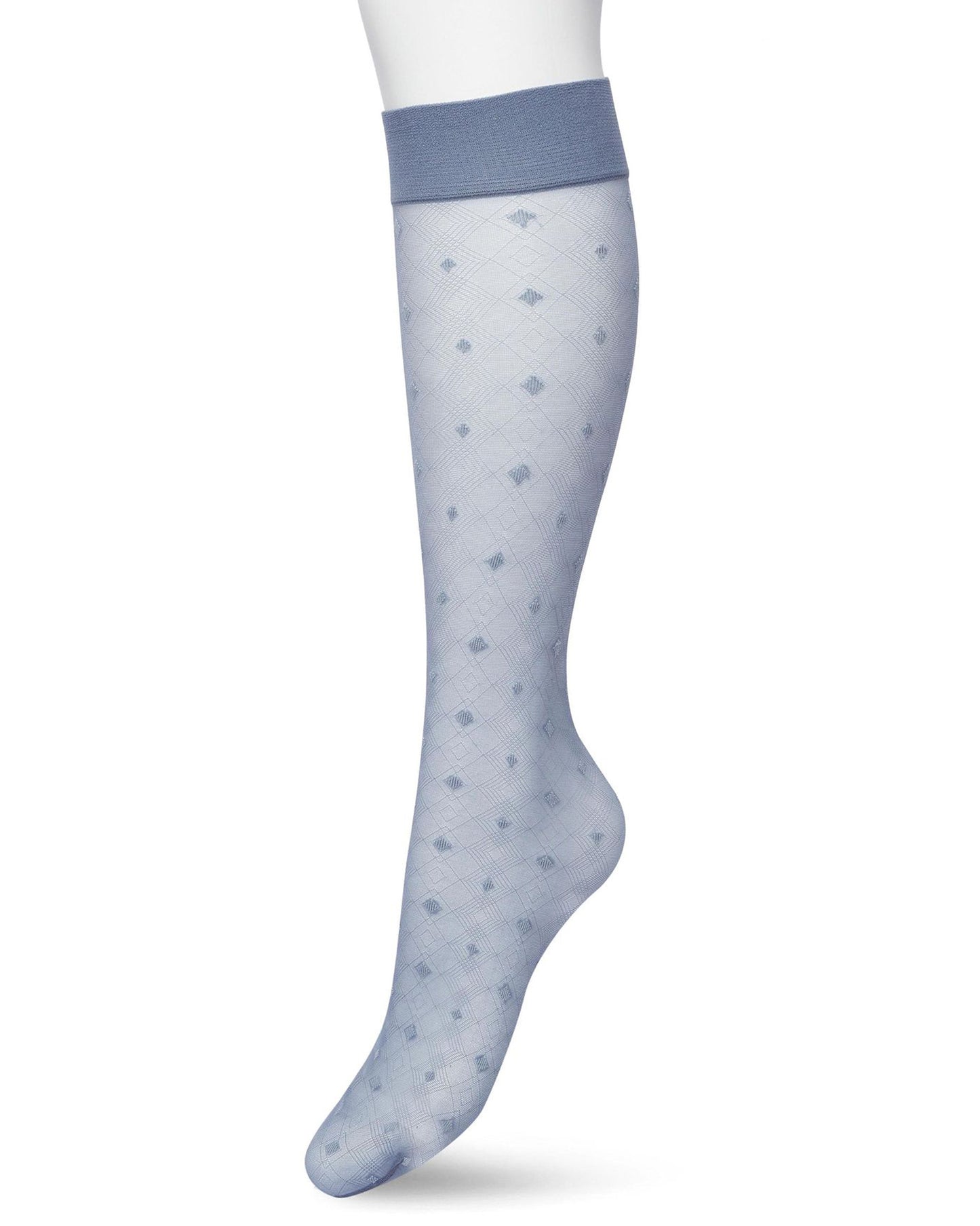 Bonnie Doon Geometric Knee-Highs - Sheer denim blue fashion knee-high socks with a geometric linear diamond pattern with opaque dotted diamonds and deep elasticated comfort cuff