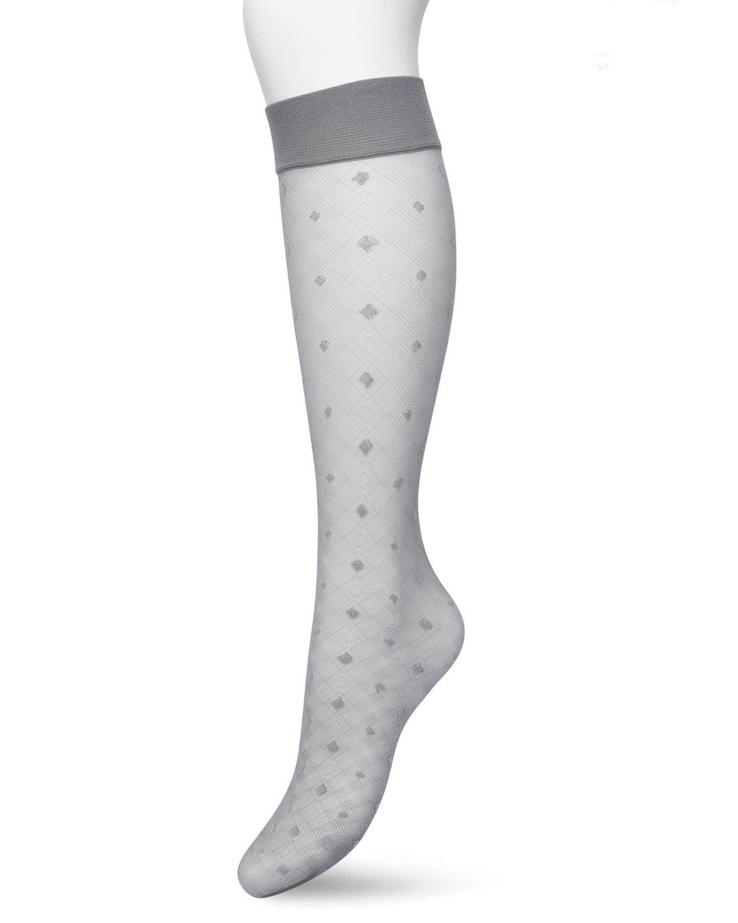 Bonnie Doon Geometric Knee-Highs - Sheer light grey fashion knee-high socks with a geometric linear diamond pattern with opaque dotted diamonds and deep elasticated comfort cuff