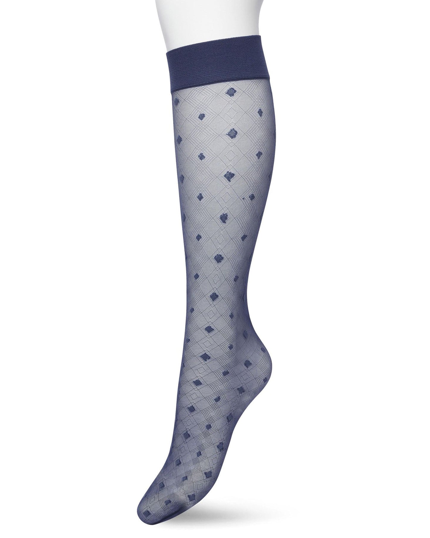Bonnie Doon Geometric Knee-Highs - Sheer navy blue fashion knee-high socks with a geometric linear diamond pattern with opaque dotted diamonds and deep elasticated comfort cuff
