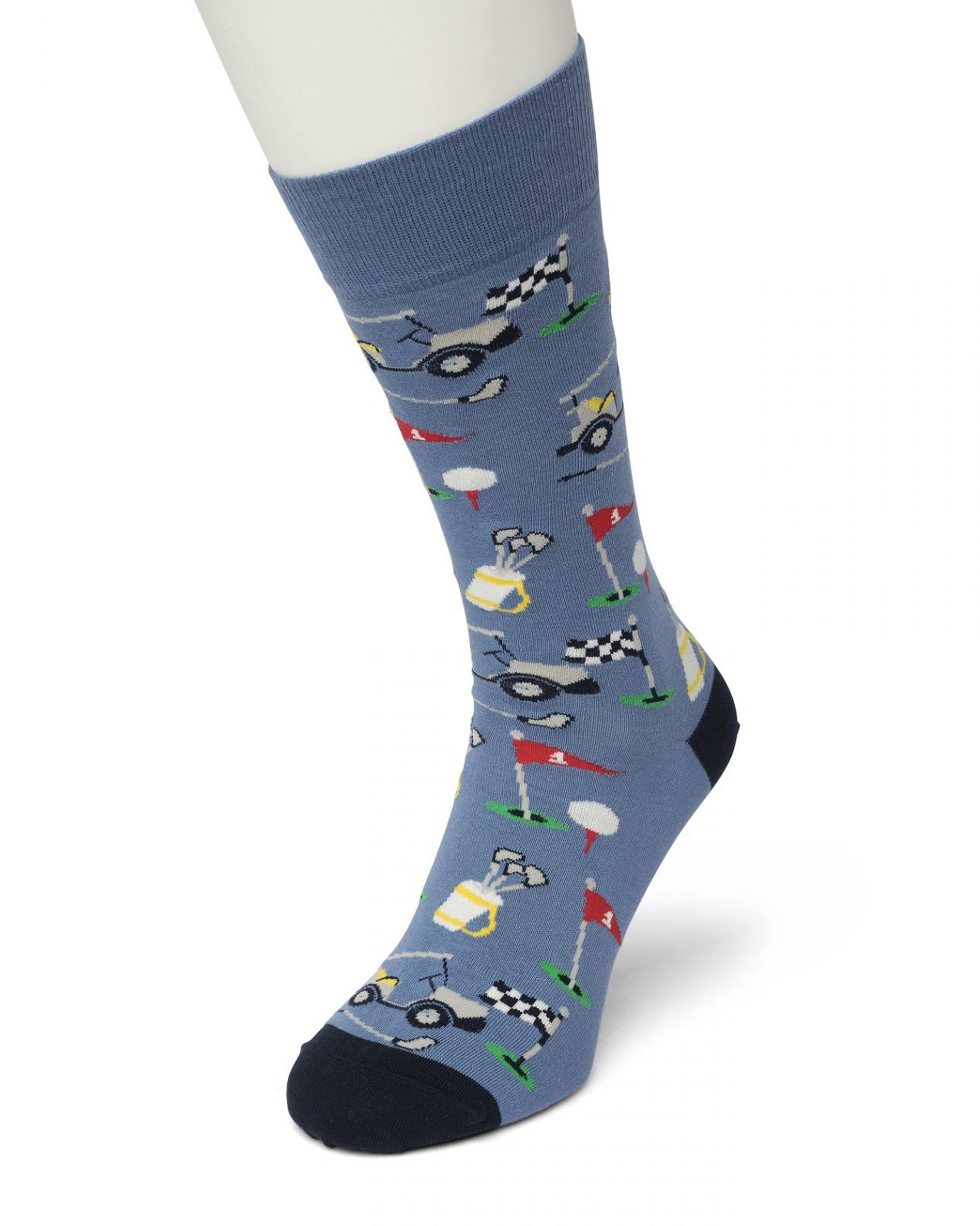 Bonnie Doon Golf Sock - Men's blue cotton ankle socks with a golf themed pattern of clubs, flags, buggies and balls.