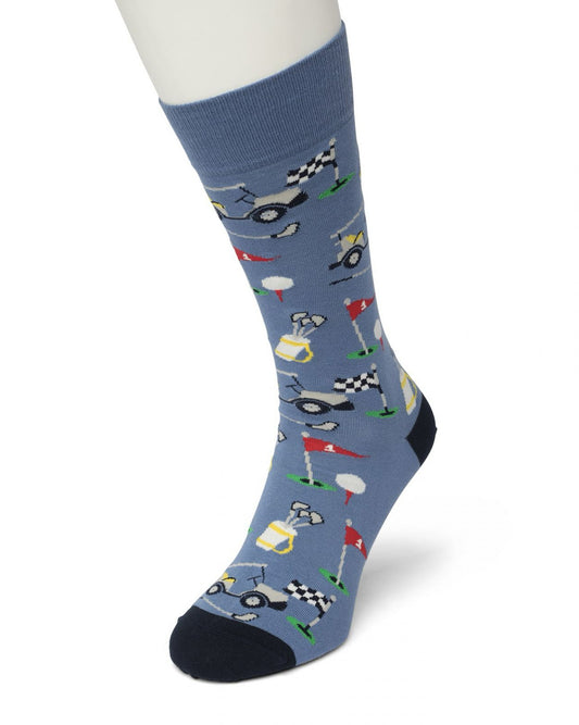 Bonnie Doon Golf Sock - Men's blue cotton ankle socks with a golf themed pattern of clubs, flags, buggies and balls.