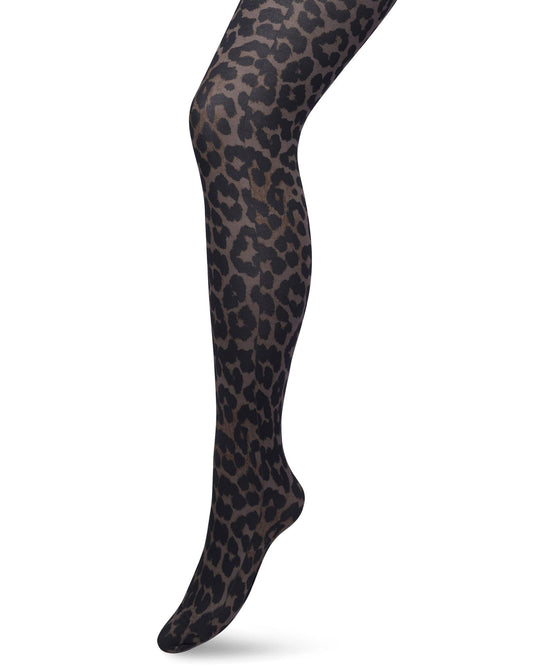 Bonnie Doon Jaguar Tights - Light brown opaque fashion tights with a leopard print pattern in shades of brown and black.