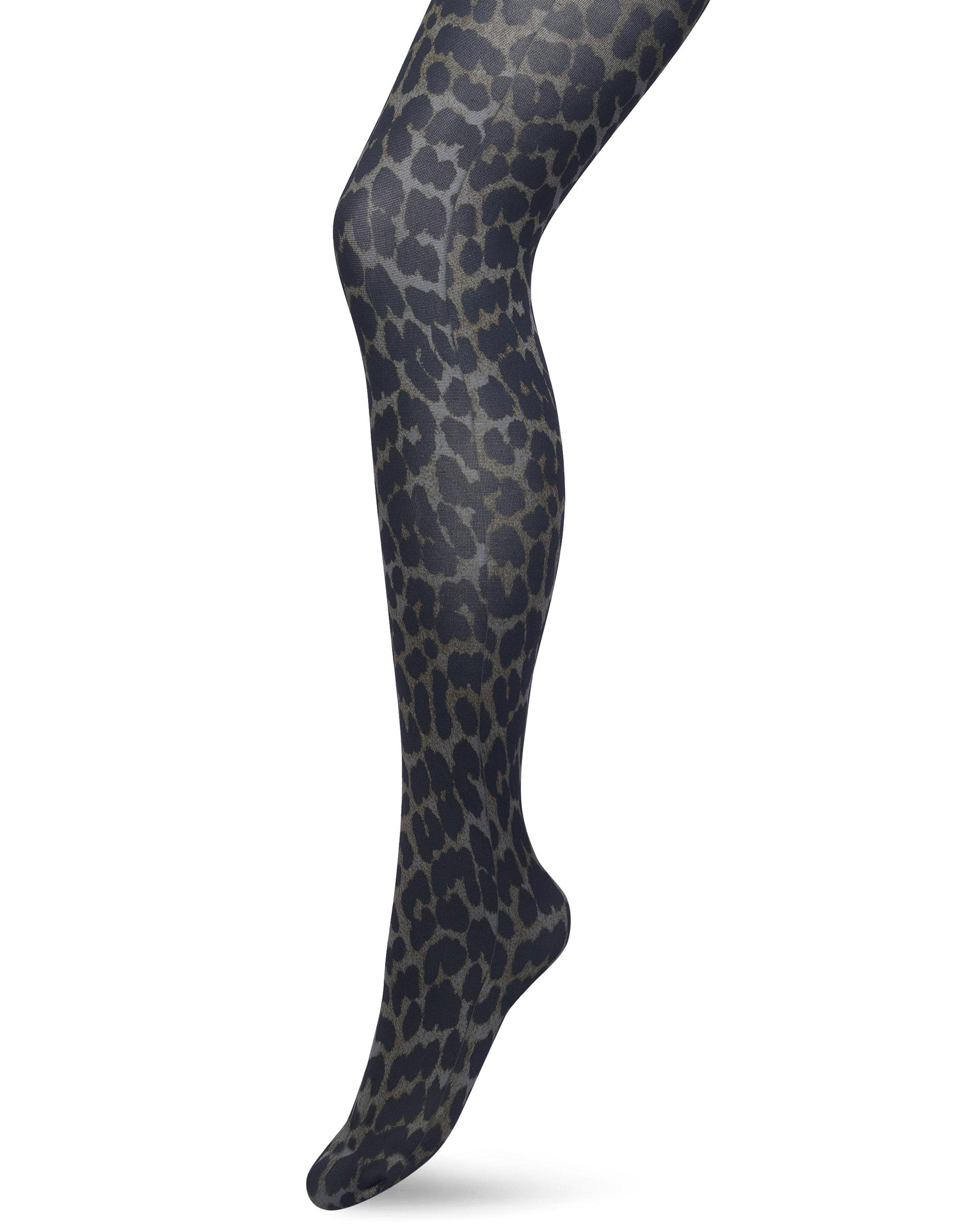 Bonnie Doon Jaguar Tights - Light brown opaque fashion tights with a leopard print pattern in shades of grey and black.