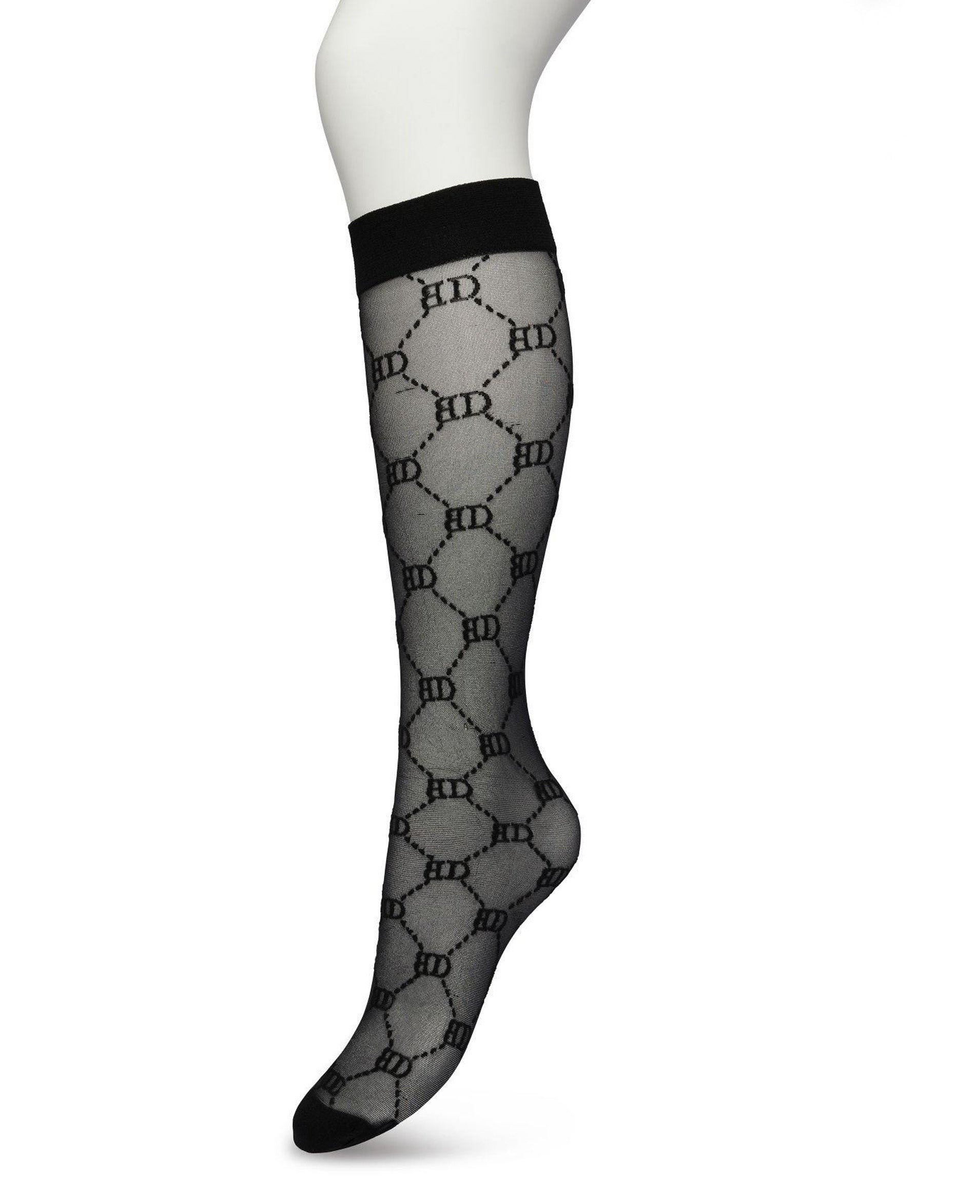 Bonnie Doon BP221801 Logo Knee-highs - Sheer black Gucci inspired fashion knee high socks with a woven dotted diamond style pattern with BD for Bonnie Doon