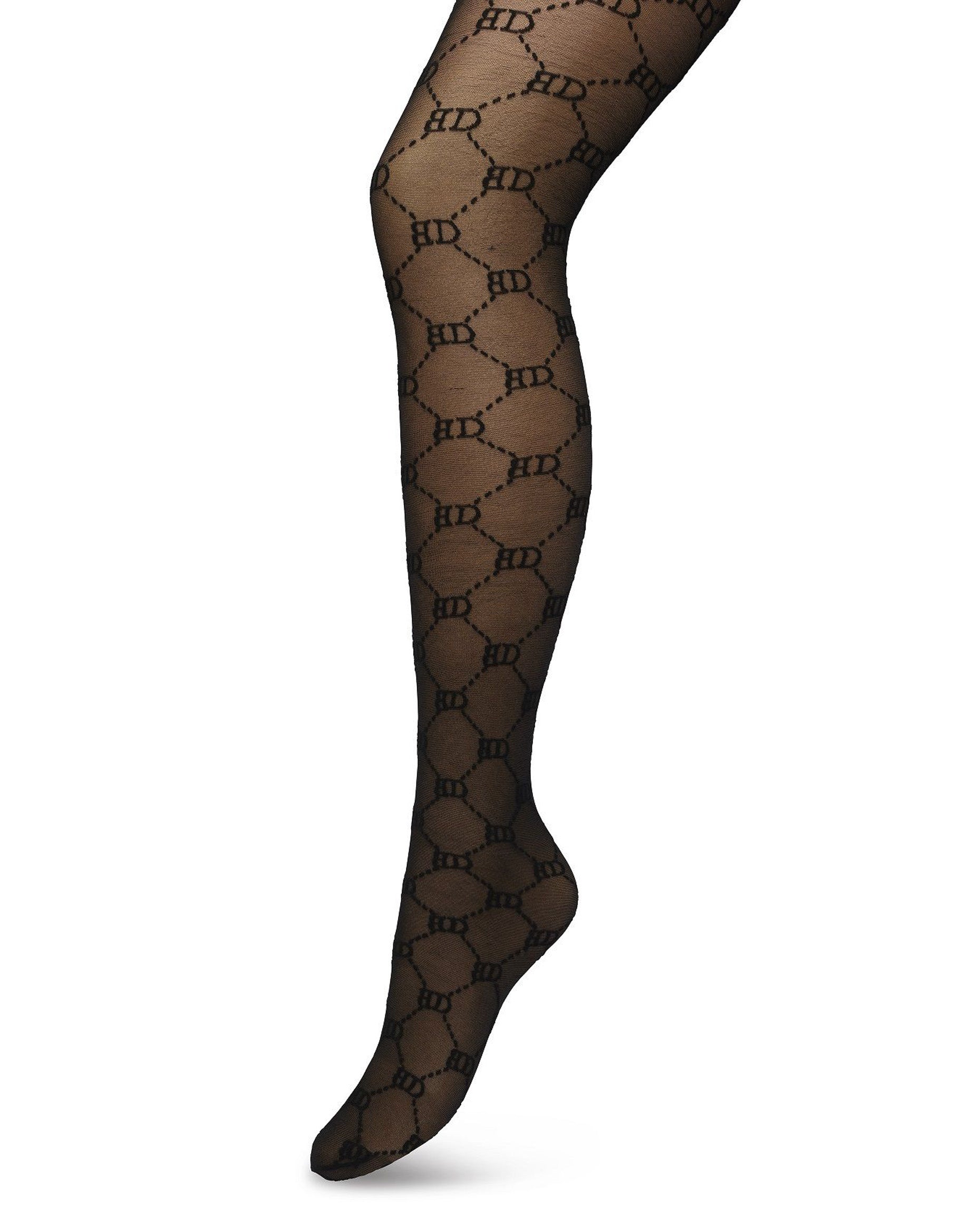 BP221901 Logo Tights - Sheer black Gucci inspired fashion tights with a woven dotted diamond style pattern with BD for Bonnie Doon