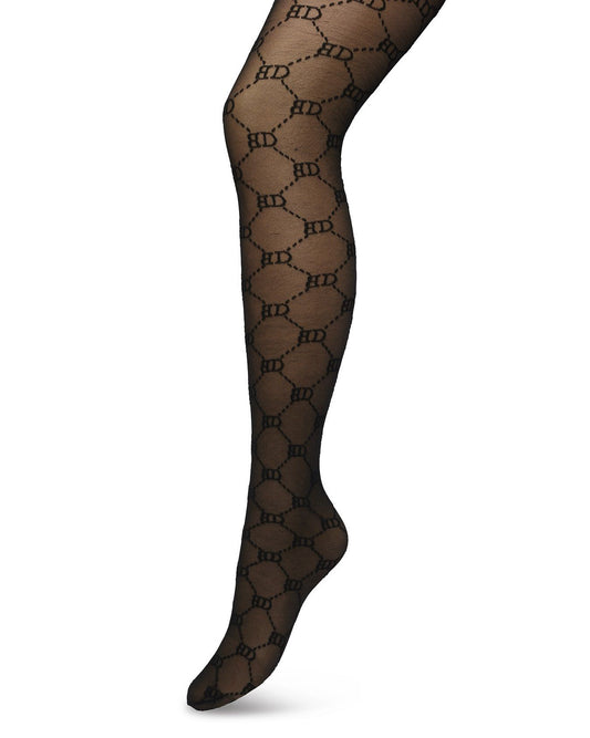 BP221901 Logo Tights - Sheer black Gucci inspired fashion tights with a woven dotted diamond style pattern with BD for Bonnie Doon