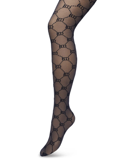 BP221901 Logo Tights - Sheer navy blue Gucci inspired fashion tights with a woven dotted diamond style pattern with BD for Bonnie Doon