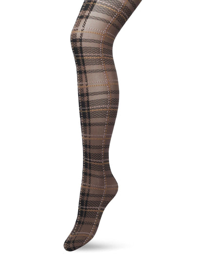 Bonnie Doon London Checks Tights - Opaque fashion tights with a woven tartan style pattern in taupe brown, black, mustard and light pink.