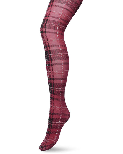 Bonnie Doon London Checks Tights - Opaque fashion tights with a woven tartan style pattern in wine red, black and white.