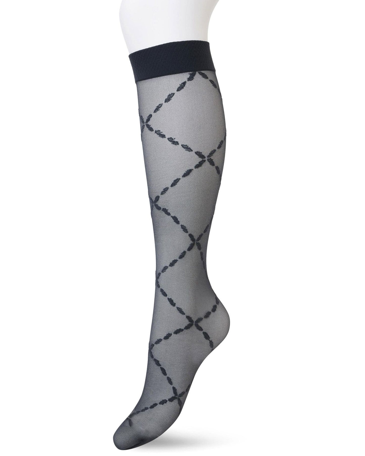 Bonnie Doon BP211504 Lozenge Knee-Highs - Black sheer fashion knee-high socks with a woven criss-cross chain style diamond pattern and plain comfort cuff.