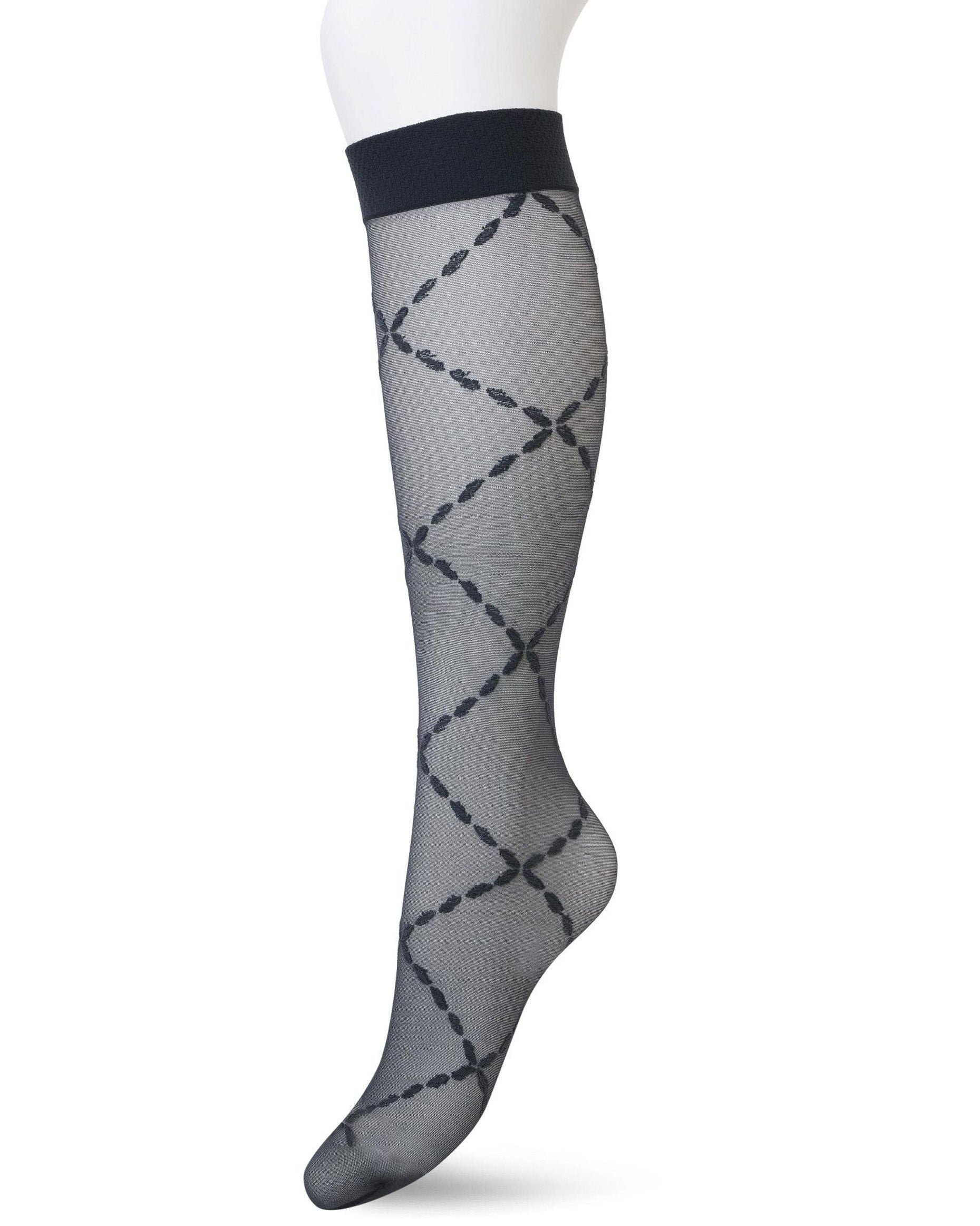 Bonnie Doon BP211504 Lozenge Knee-Highs - Black sheer fashion knee-high socks with a woven criss-cross chain style diamond pattern and plain comfort cuff.