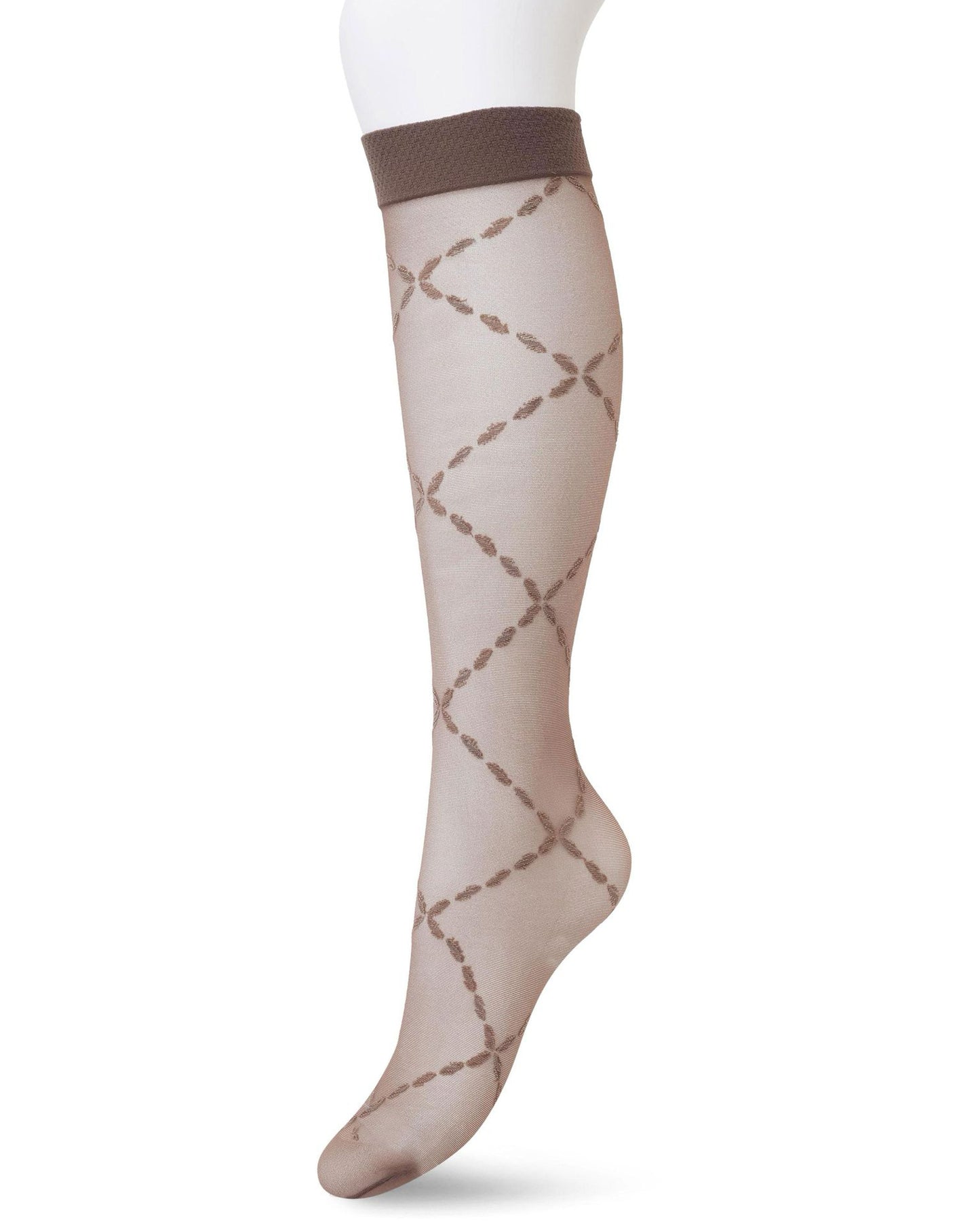 Bonnie Doon BP211504 Lozenge Knee-Highs - Light brown taupe (shopping bag) sheer fashion knee-high socks with a woven criss-cross chain style diamond pattern and plain comfort cuff.