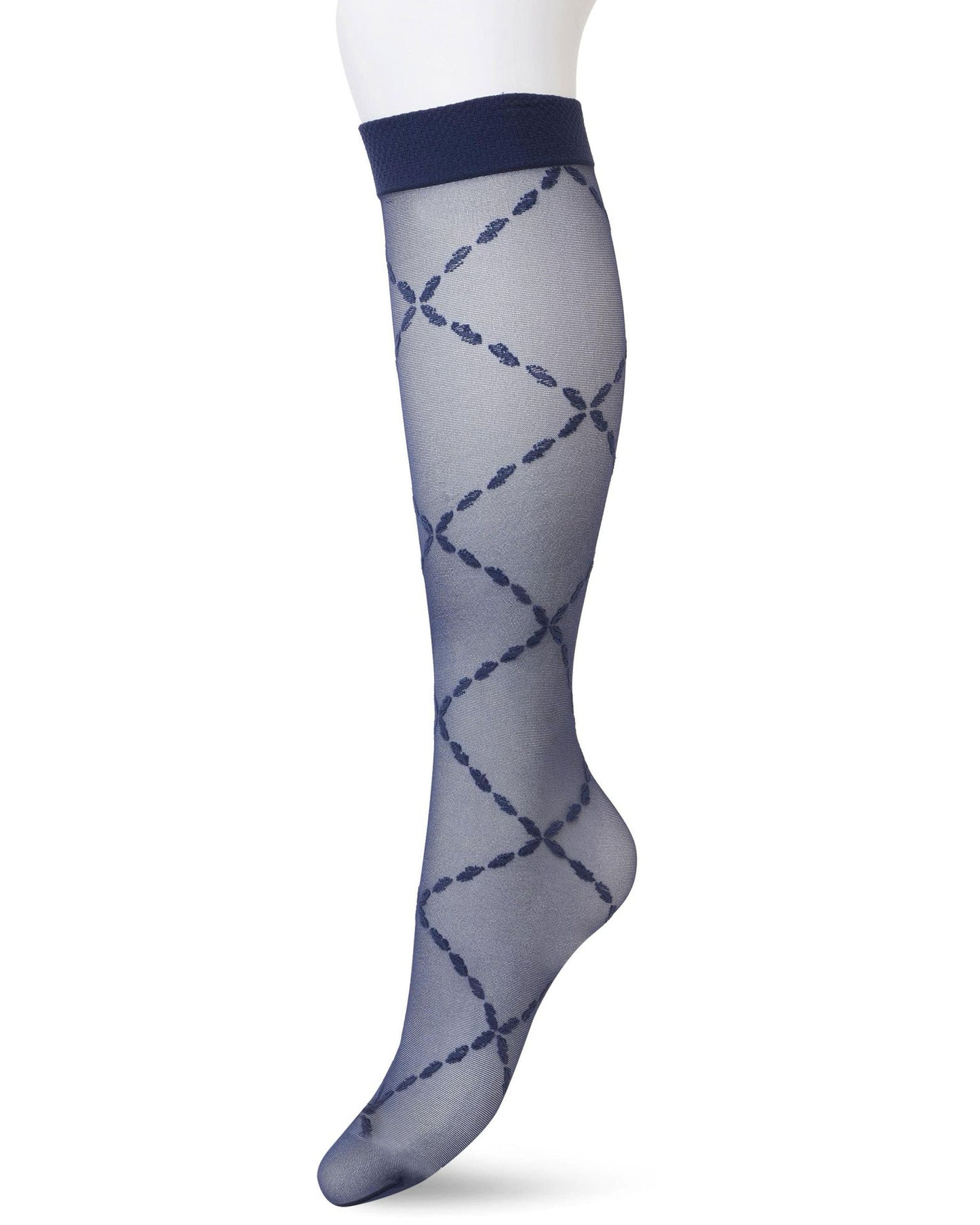 Bonnie Doon BP211504 Lozenge Knee-Highs Black Iris - Navy sheer fashion knee-high socks with a woven criss-cross chain style diamond pattern and plain comfort cuff.