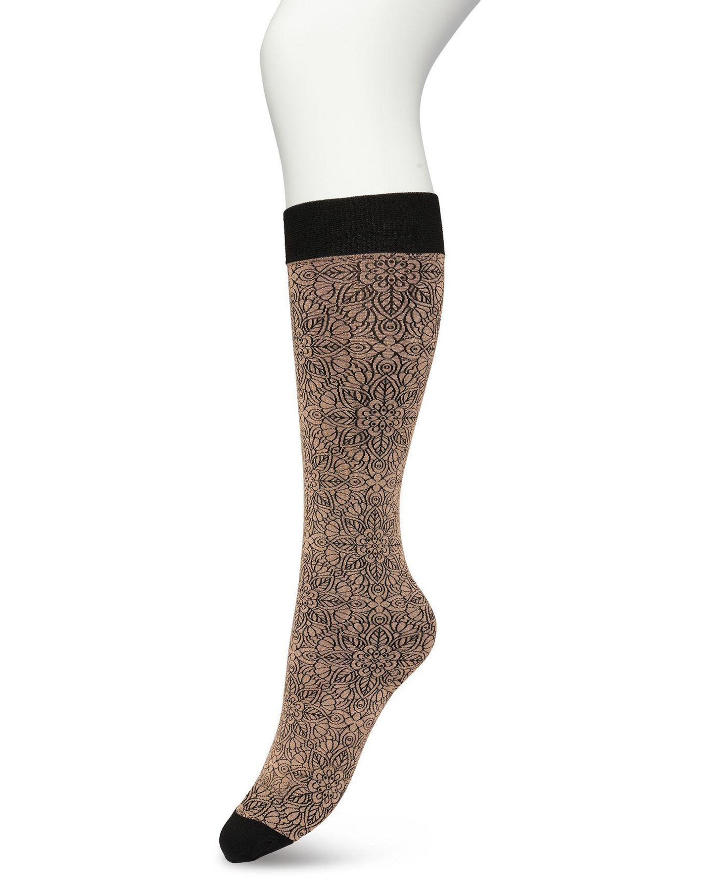 Bonnie Doon Mandala Knee-Highs - Ultra opaque golden beige fashion knee-high glossy socks with a black mandala floral style pattern in black and a deep black comfort cuff.