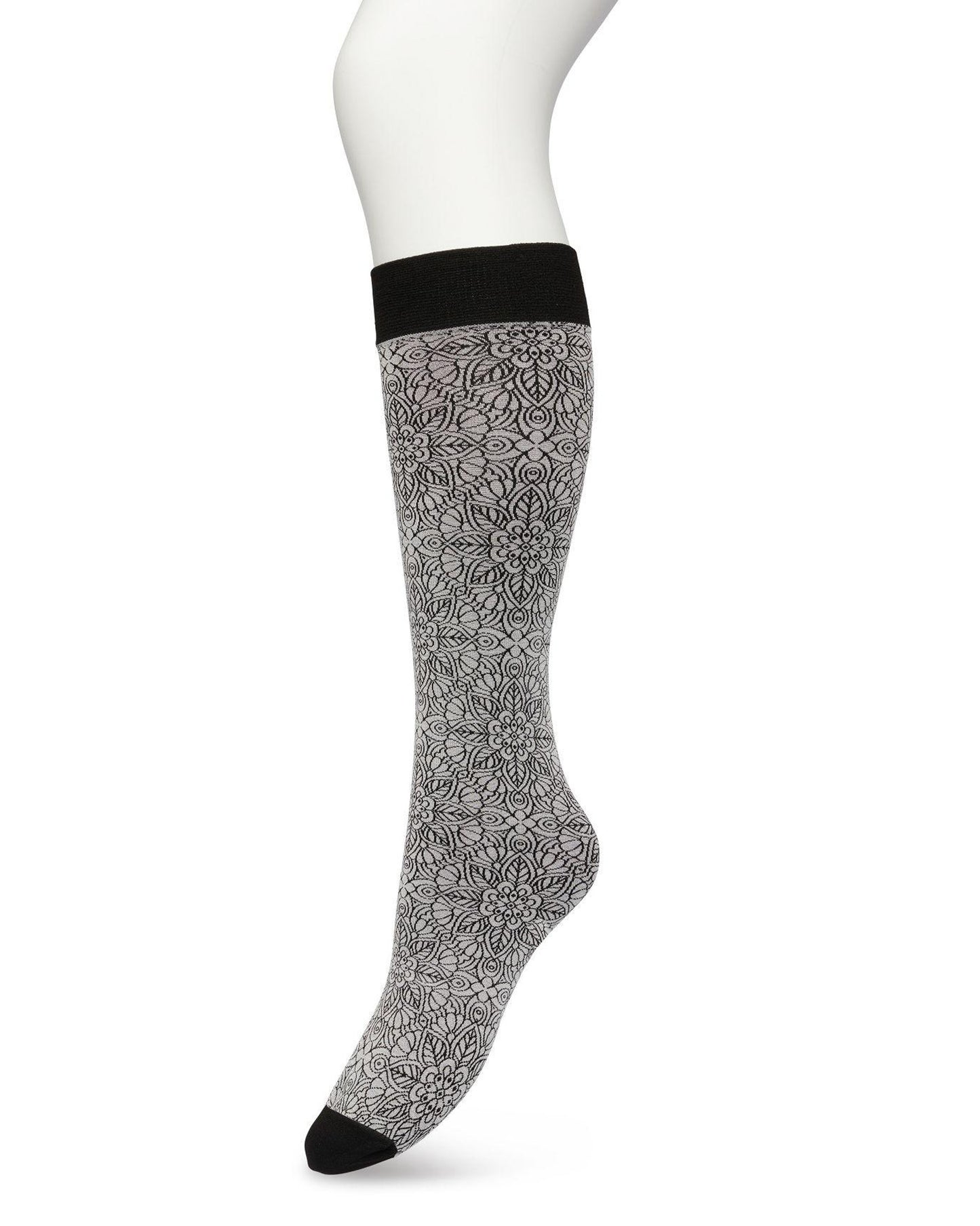 Bonnie Doon Mandala Knee-Highs - Ultra opaque silver grey fashion knee-high glossy socks with a black mandala floral style pattern in black and a deep black comfort cuff.