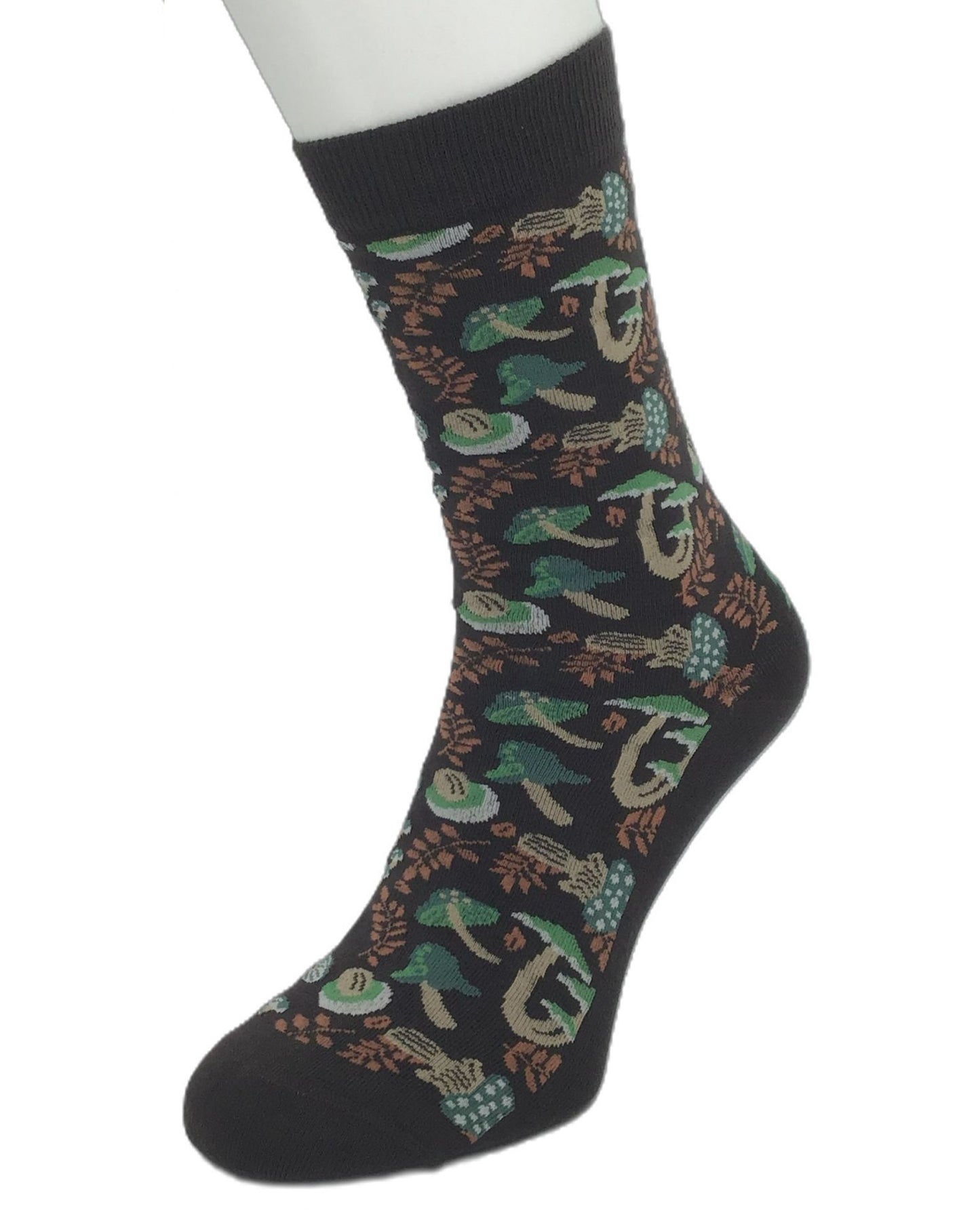 Sock with green and brown pattern on a white background