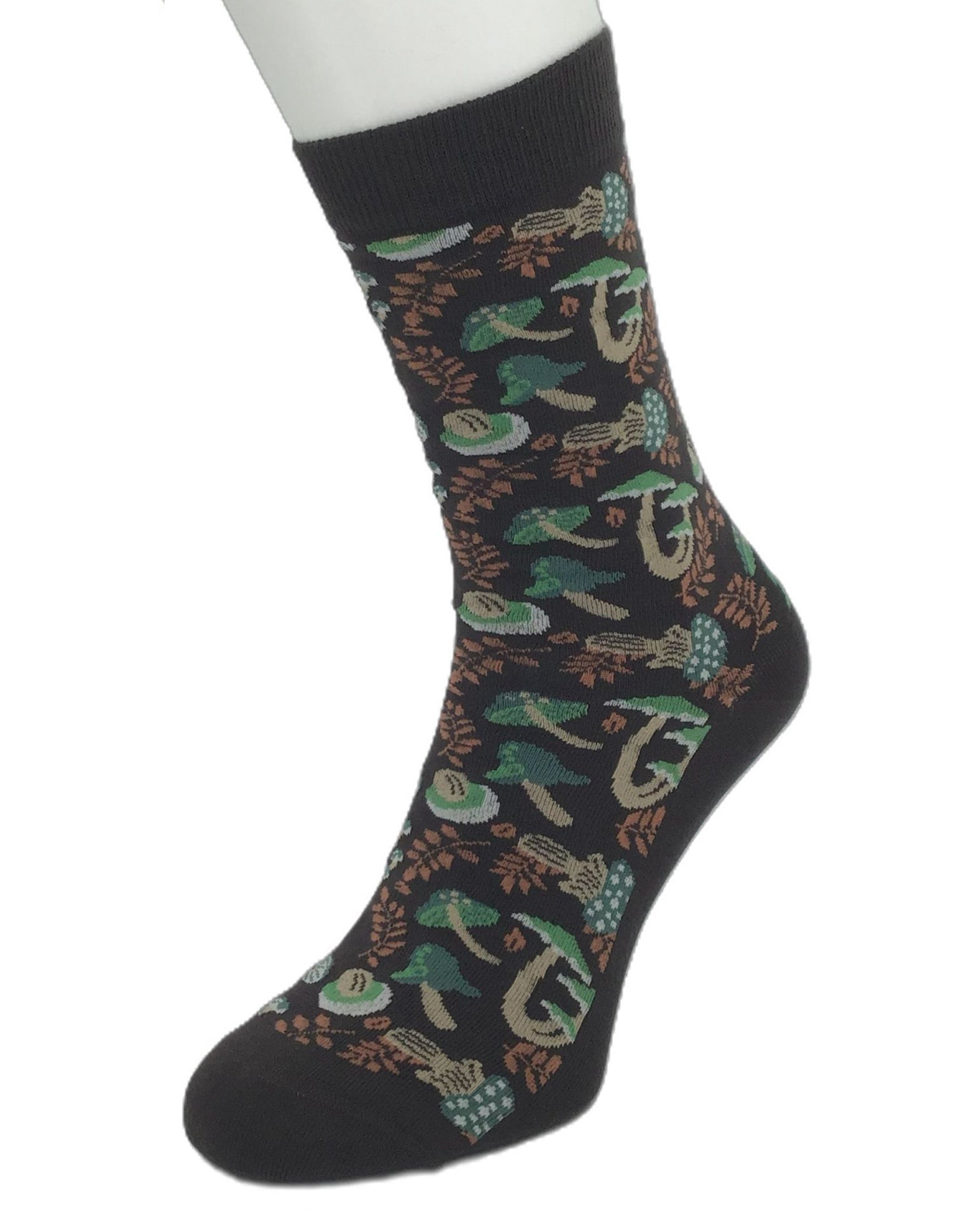 Sock with green and brown pattern on a white background