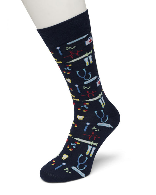 Bonnie Doon Nursing Sock - navy cotton ankle socks with a nurse and doctor themed pattern. The perfect gift to our front line hospital staff heroes.