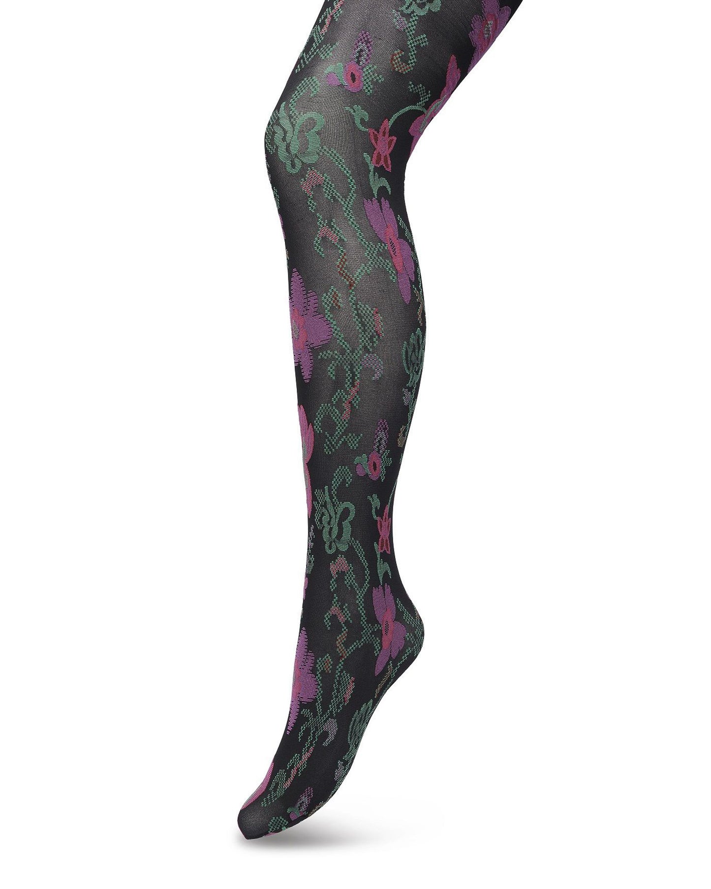 Bonnie Doon BP221905 Floral Ornament Tights - Black opaque fashion tights with a woven floral vine pattern in pink and green