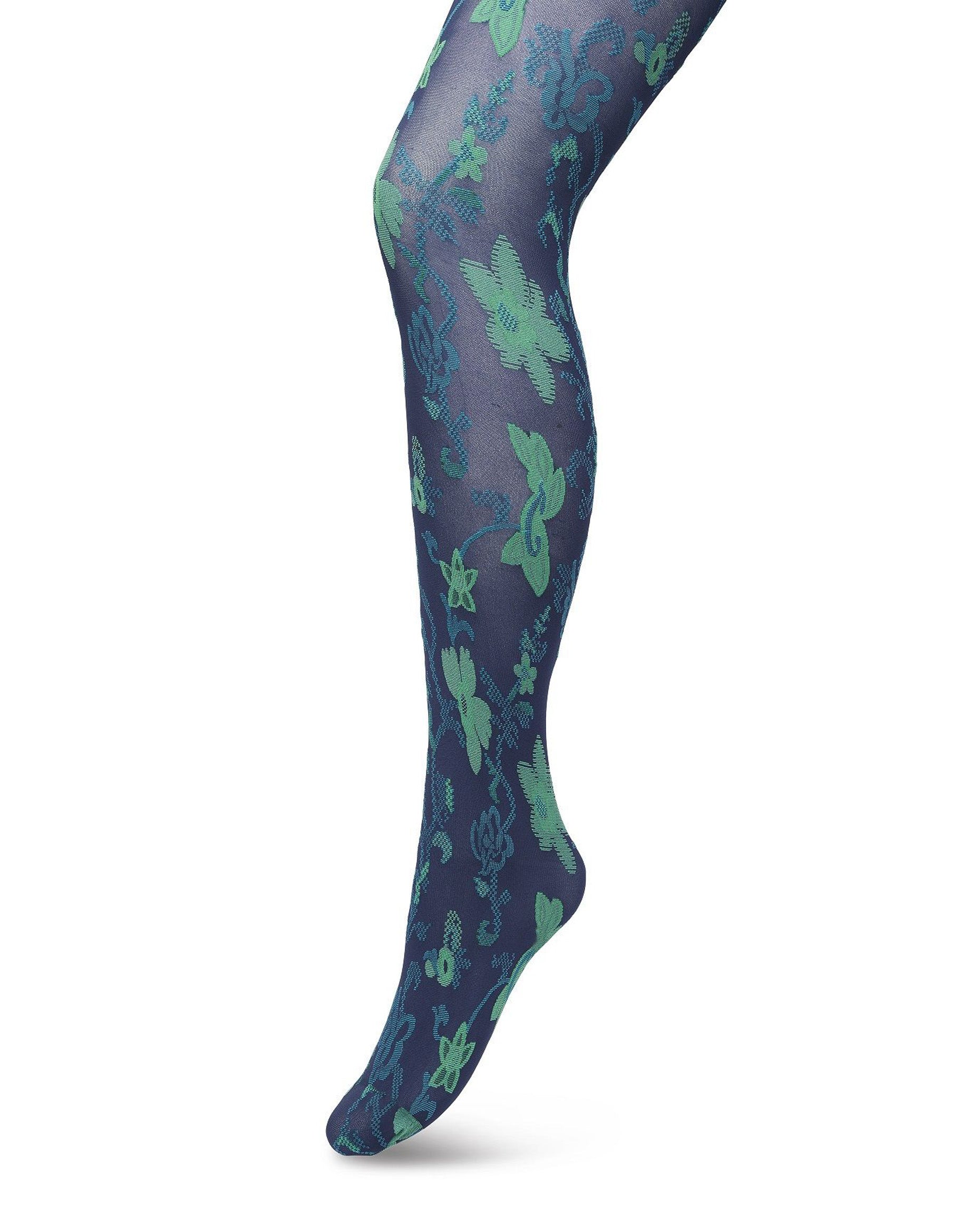 Bonnie Doon BP221905 Floral Ornament Tights - Navy opaque fashion tights with a woven floral vine pattern in teal blue and turquoise green