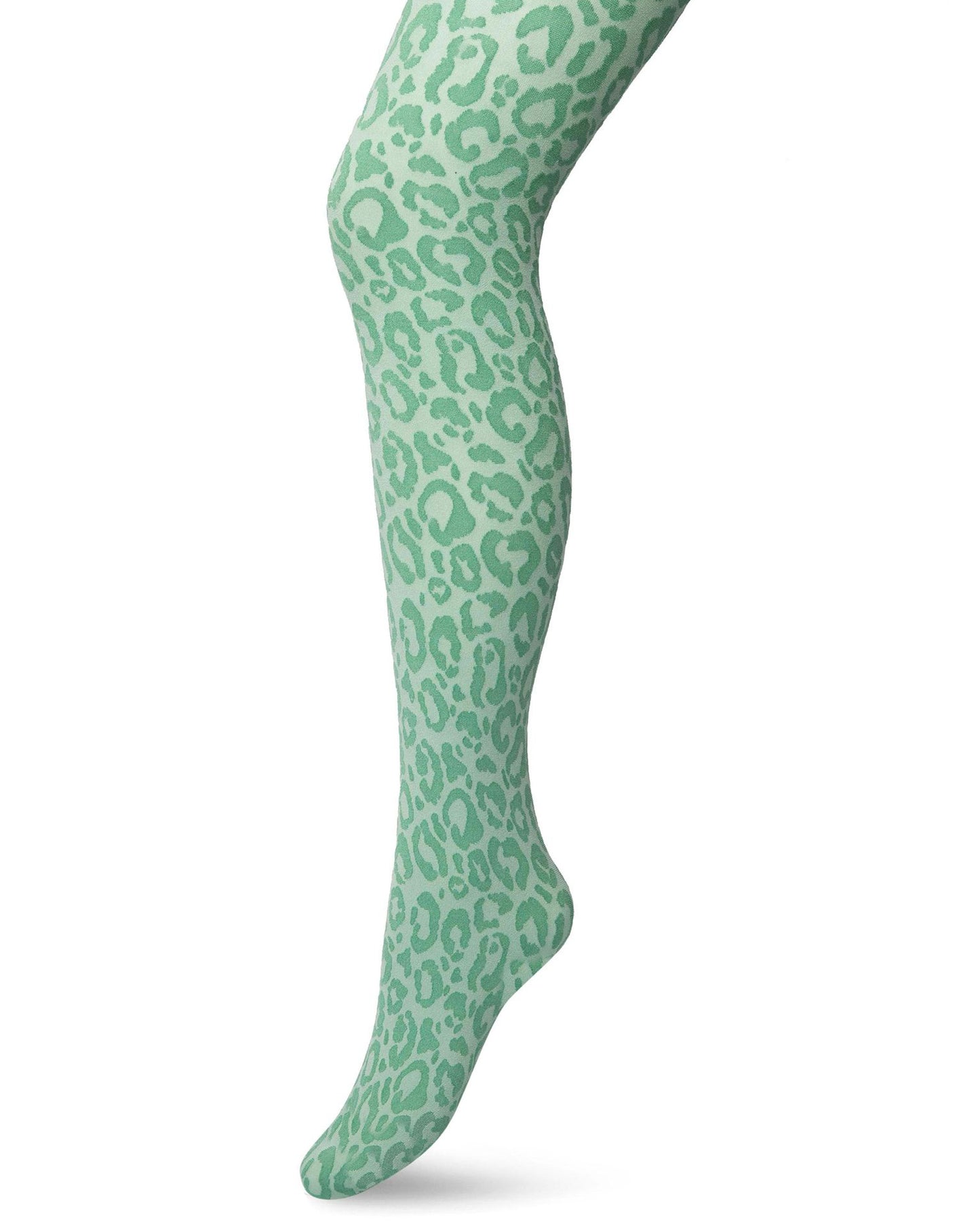 Bonnie Doon - Opaque Panther Tights - Mint green fashion tights with a woven leopard print style pattern in a darker tone, flat seams, gusset and deep comfort waistband.